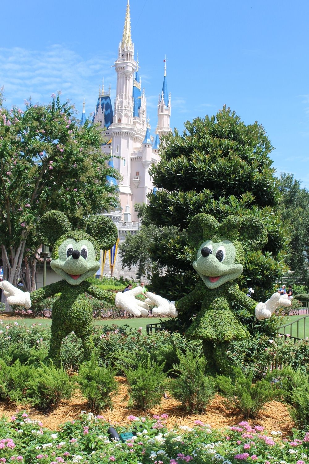 Mickey and Minnie topiaries in front of Cinderella Castle