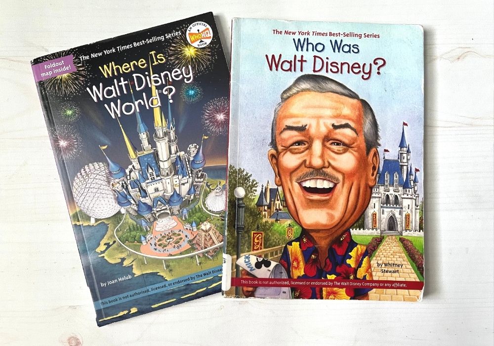 two kids books about Disney, including "Where is Walt Disney World" and "Who Was Walt Disney?"