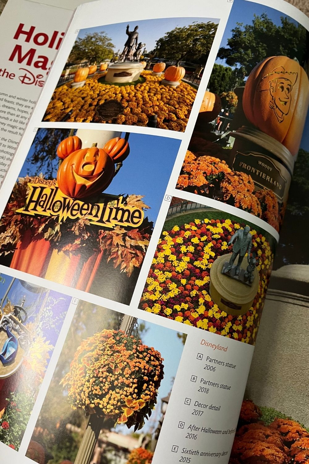 a page from Holiday Magic book about holidays at Disney, showcasing photos from Halloween at Disney.