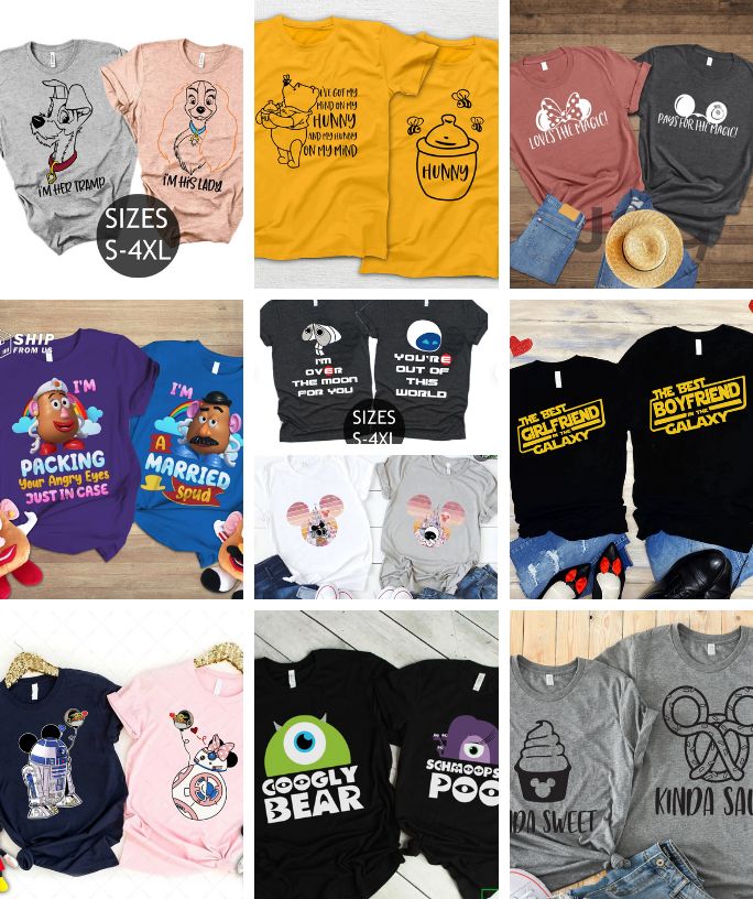 collage of 10 different sets of Disney couple shirts