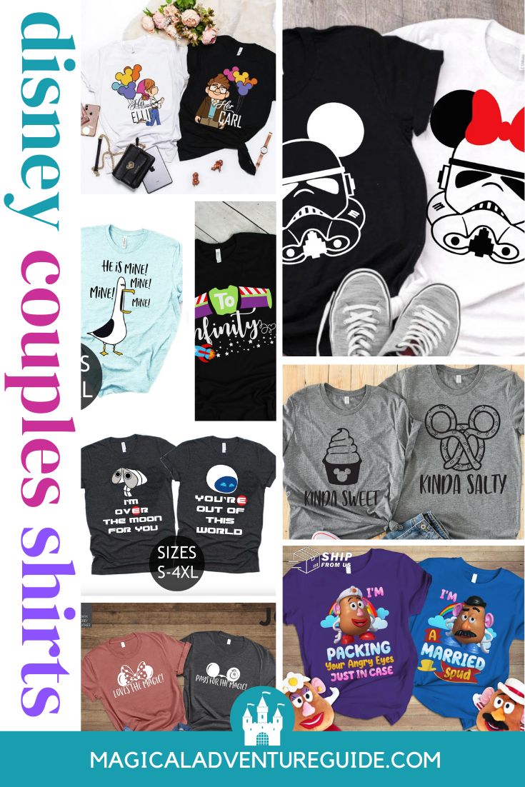 collage image showing various Disney themed shirts for couples