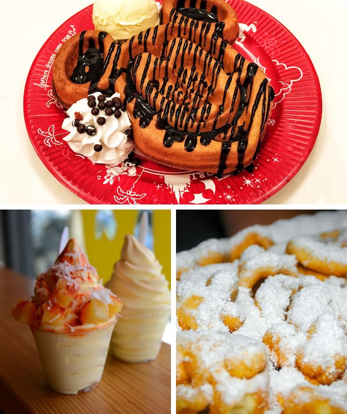 collage image featuring some of the best Disneyland foods, including Mickey waffle, Dole whip, and funnel cake.