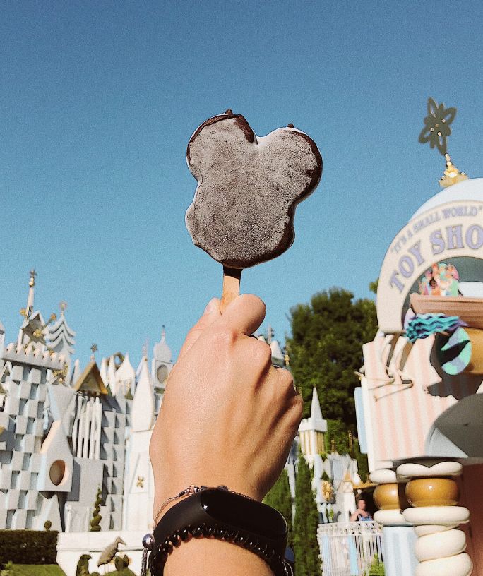 a woman's hand holds a classic Disney Parks ice cream bar in her hand