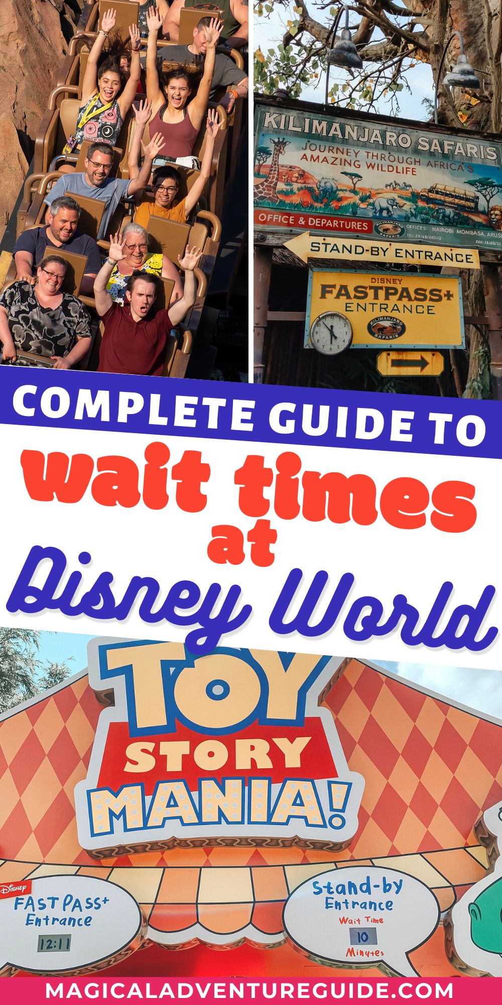 collage image of three photos of different rides at Disney World. An overlay reads, "Complete Guide to Wait Times at Disney World"