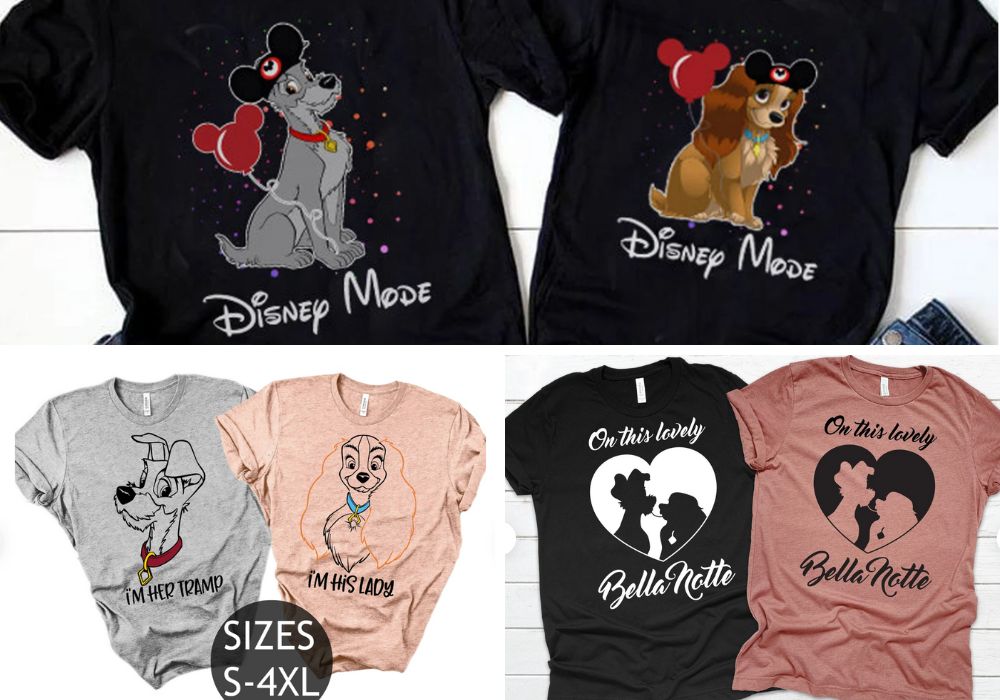 three different sets of lady and the tramp couples shirts