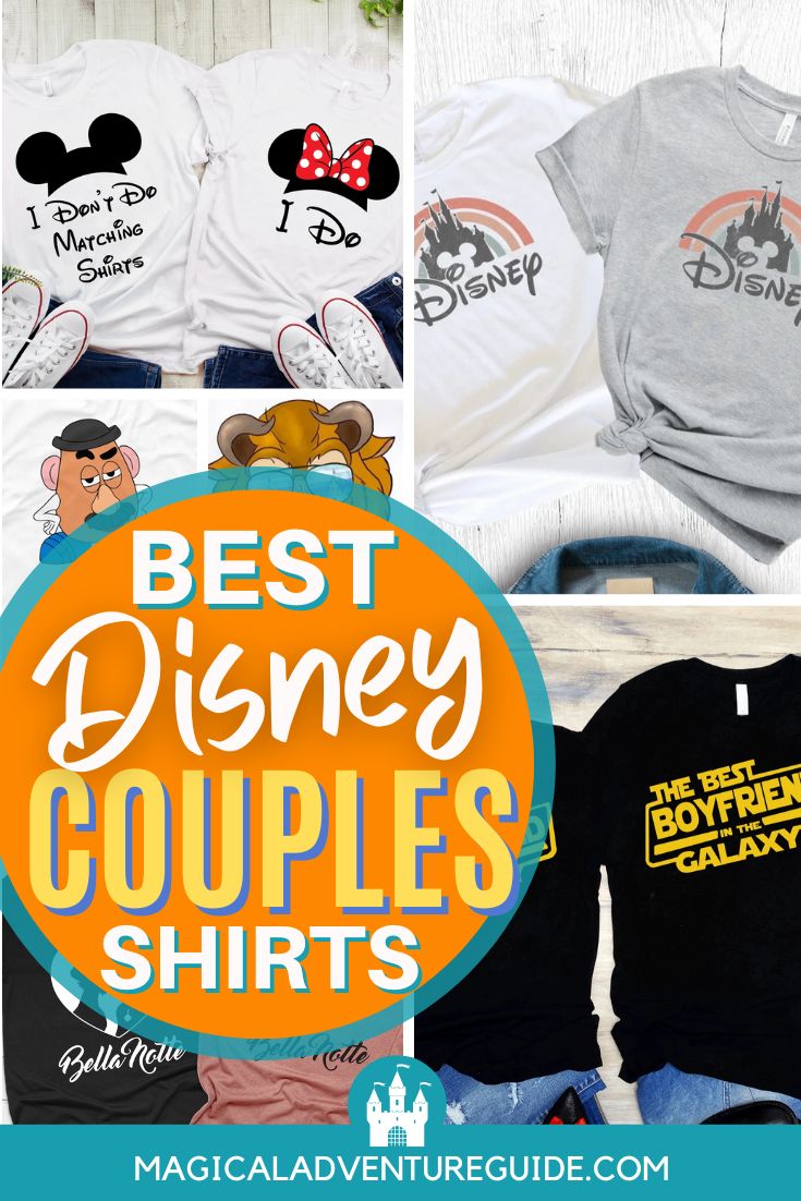 collage image featuring various Disney couples shirts found on Etsy.