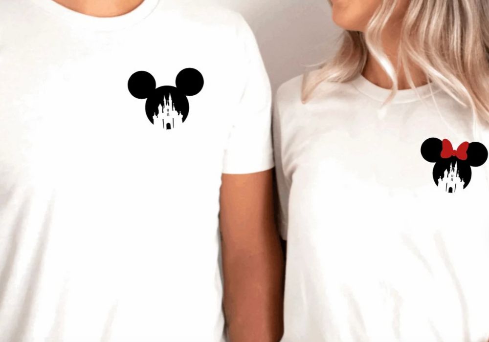 two white shirts with simple disney designs on them, for couples