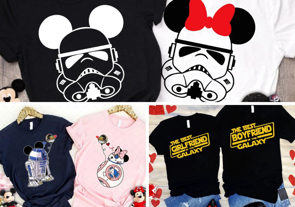 three different sets of Star Wars themed couples shirts for Disney World