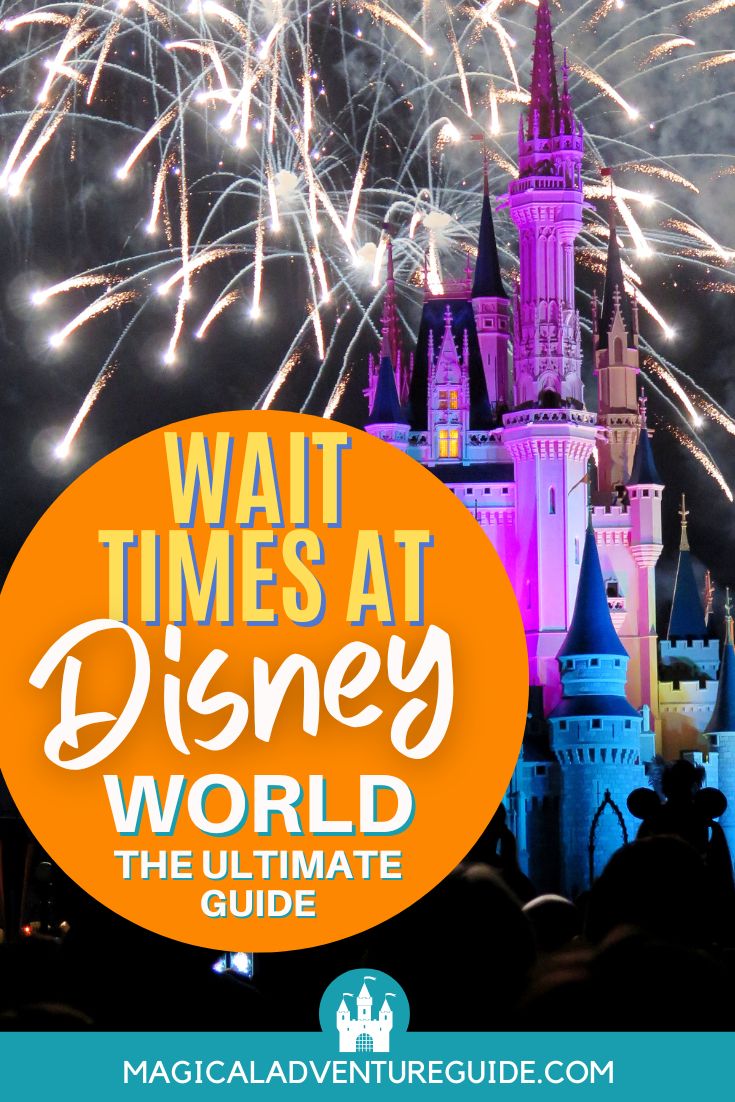 Cinderella's Castle lit up at night withi fireworks overhead. An overlay reads, "Wait Times at Disney World: The Ultimate Guide"