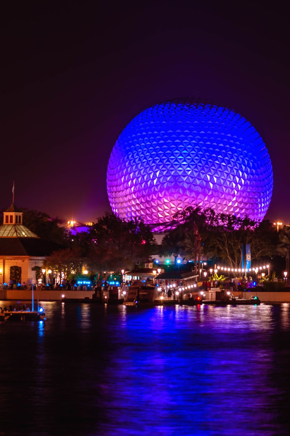 Spaceship Earth lit up at Disney World