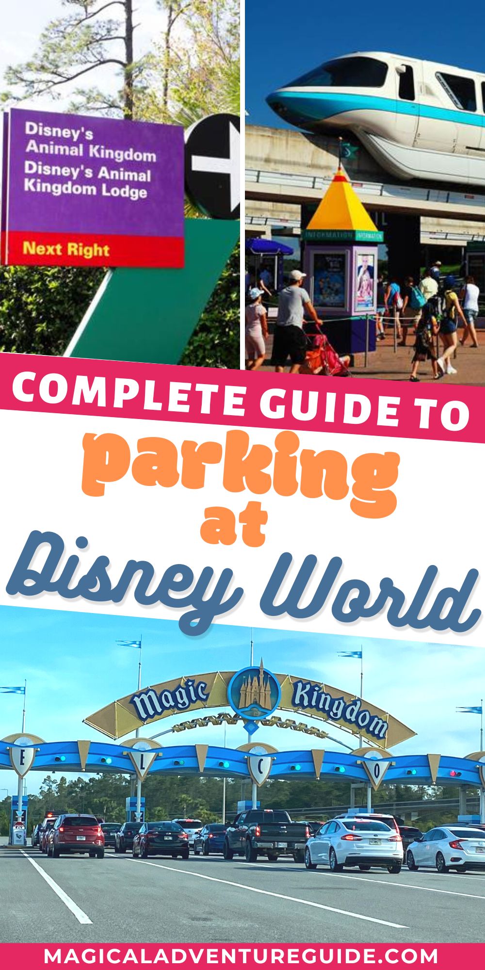 collage image featuring a road sign in Disney World, the entrance to Magic Kingdom's parking lot, as well as the Monorail at the Transportation and Ticket Center. An overlay reads, "Complete Guide to Parking at Disney World"
