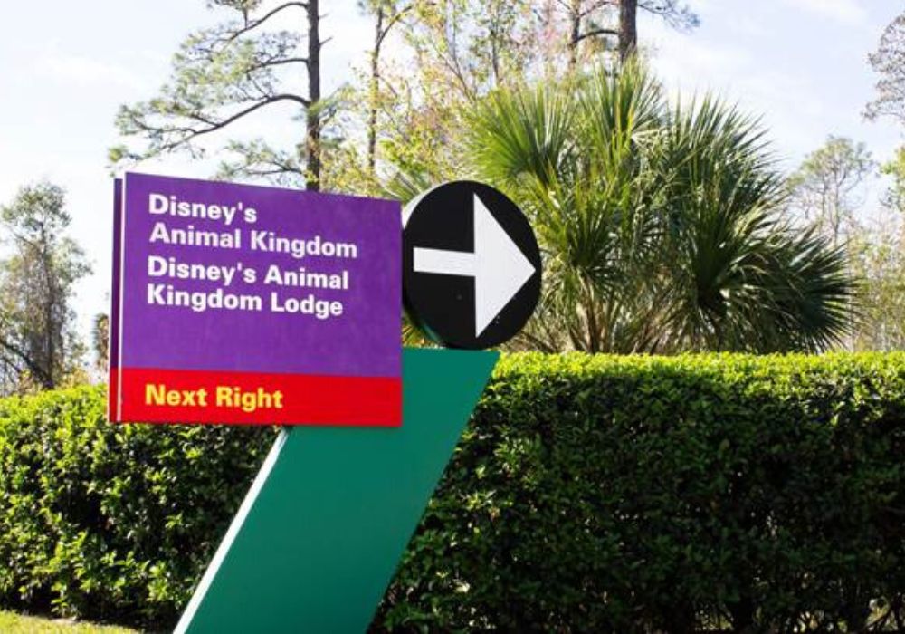 a street sign within Disney World directs guests to Disney's Animal Kingdom and the Animal Kingdom Lodge