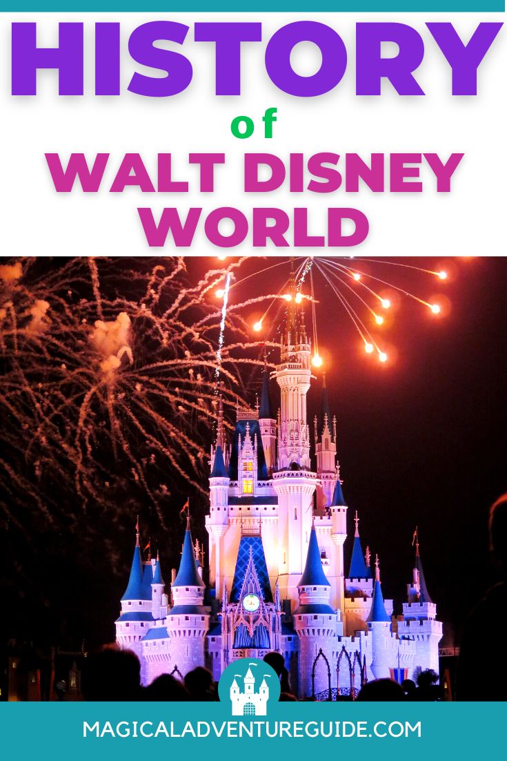 Cinderella's Castle at Disney World lit up at night, with fireworks exploding overhead. An overlay reads, "History of Walt Disney World"