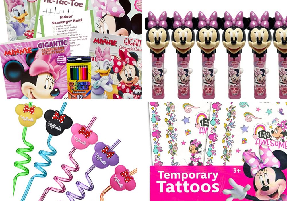 collage image featuring four different Minnie Mouse party favor ideas, including coloring books, straws, temporary tattoos, and candy