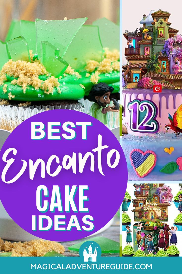collage featuring three different Encanto birthday cake ideas