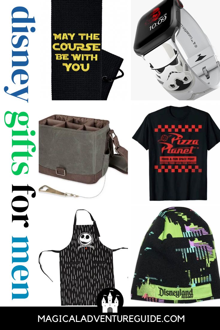 collage featuring six different Disney gift ideas for men