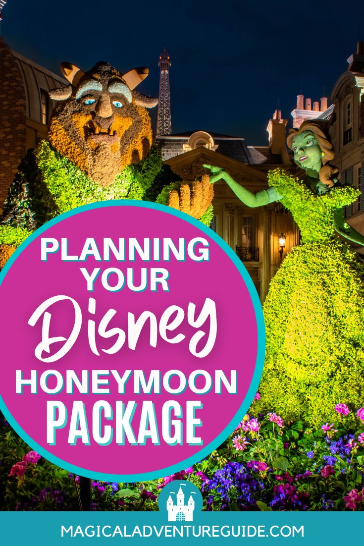 Beauty and the beast topiary at Epcot. An overlay reads, "Planning your Disney Honeymoon Package"
