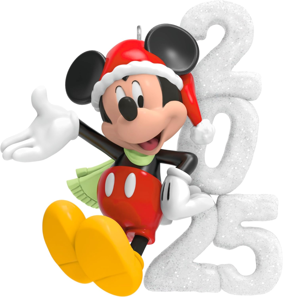 image of a mickey ornament wearing a santa hat next to the numbers 2025