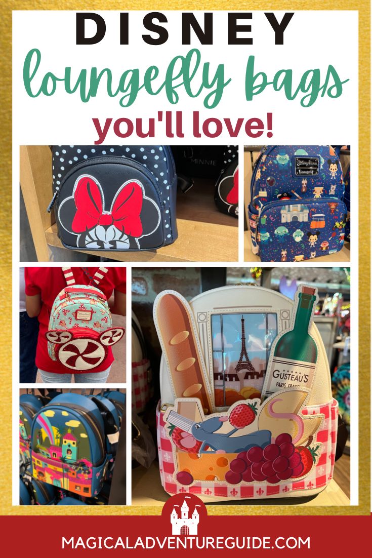 collage featuring five different Disney Loungefly backpacks