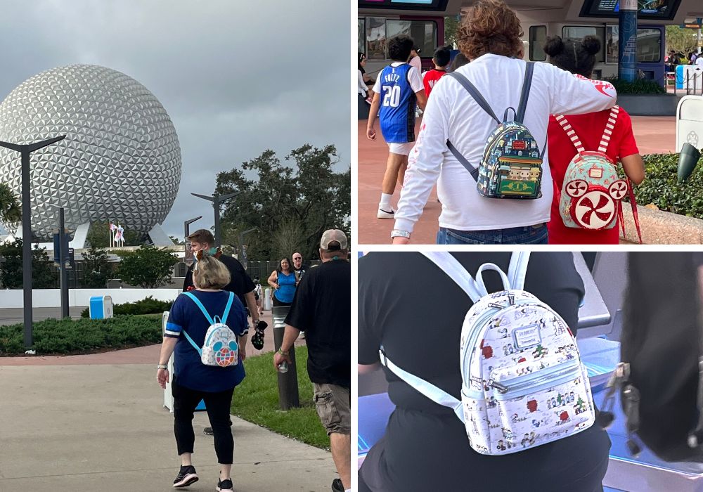 guests at Disney World wearing Disney Loungefly mini backpacks