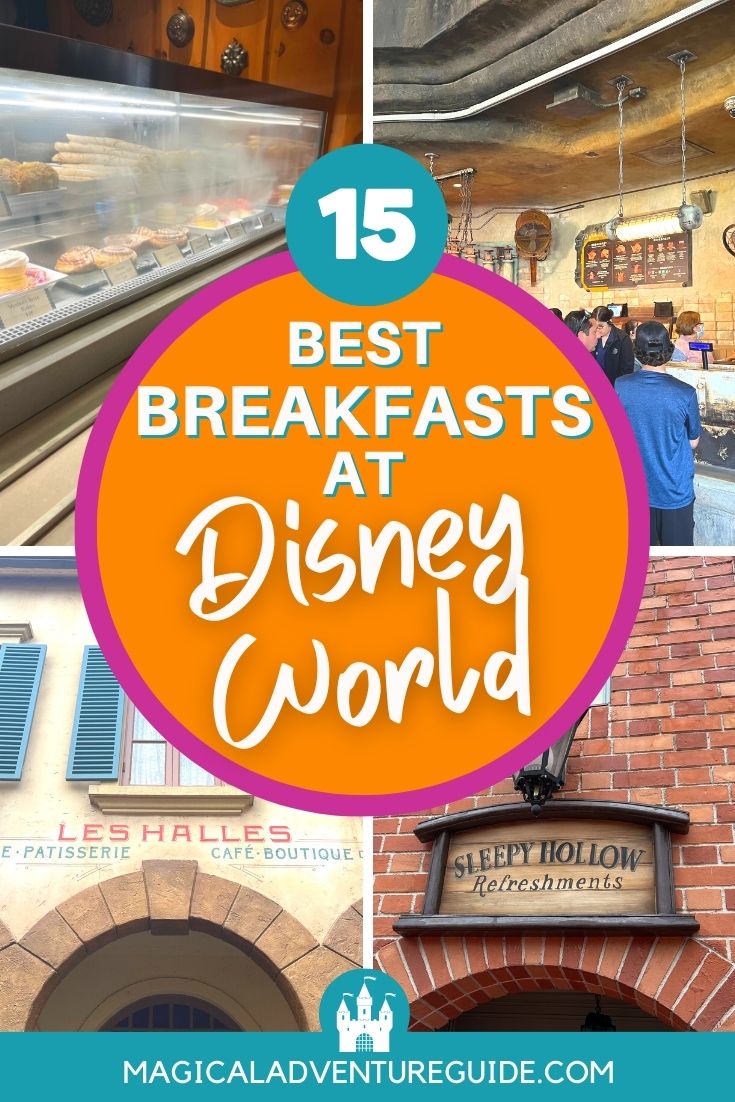 collage photo featuring four different locations where you can enjoy breakfast at Disney World