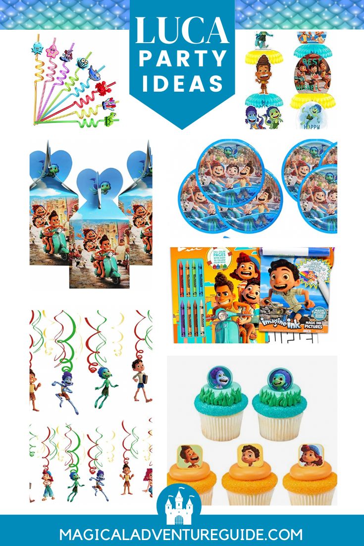 collage image featuring various supplies for a Luca birthday party, including decorations, cupcakes, party favors, and more.