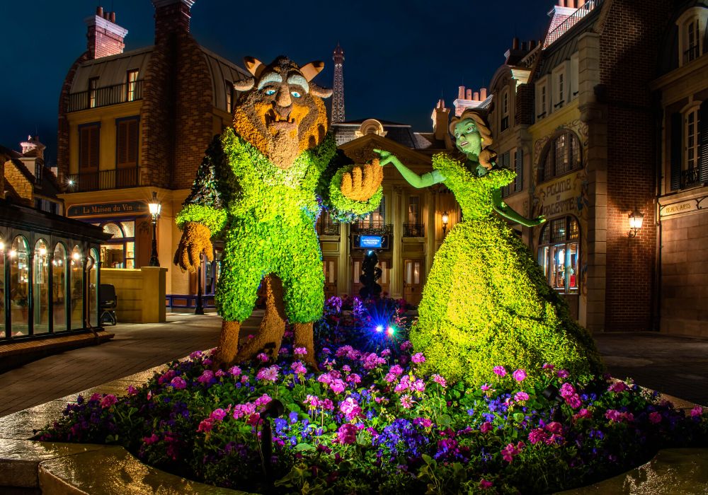 Belle and Beast topiary in the France Pavilion at Epcot
