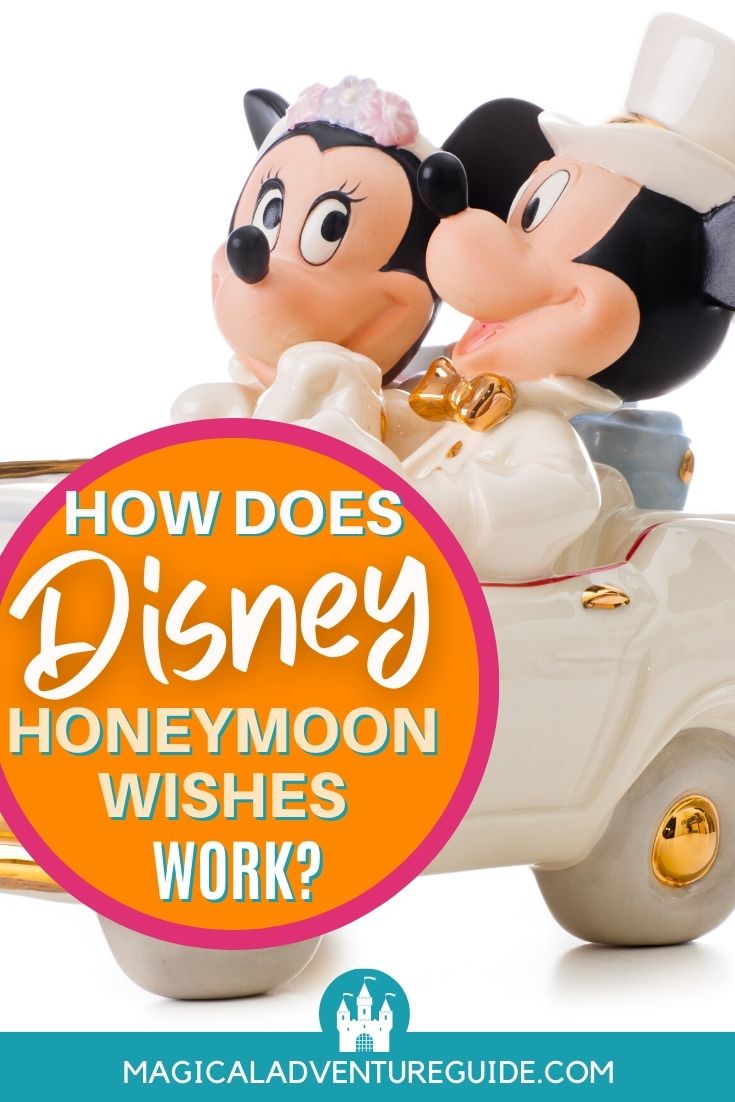 porcelain Mickey and Minnie bridal party riding in a "just married" car. An overlay reads, "How Does Disney Honeymoon Wishes Work?"