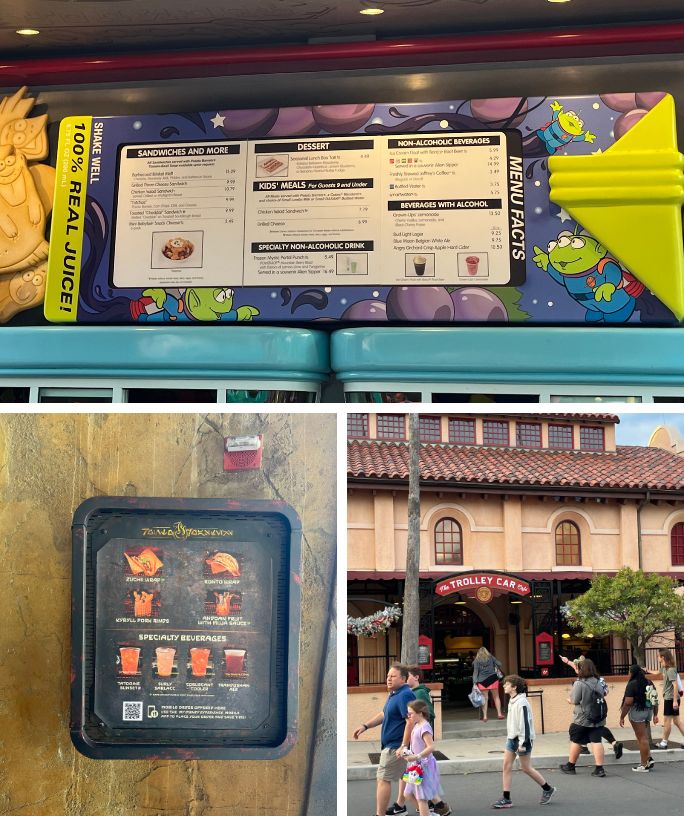 collage image of three locations where you can get breakfast at hollywood studios, including woody's lunch box, ronto roasters, and the trolley car cafe