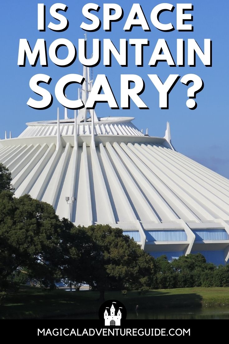 exterior of Space Mountain at Magic Kingdom in Disney World, with an overlay that reads, "Is Space Mountain Scary?"
