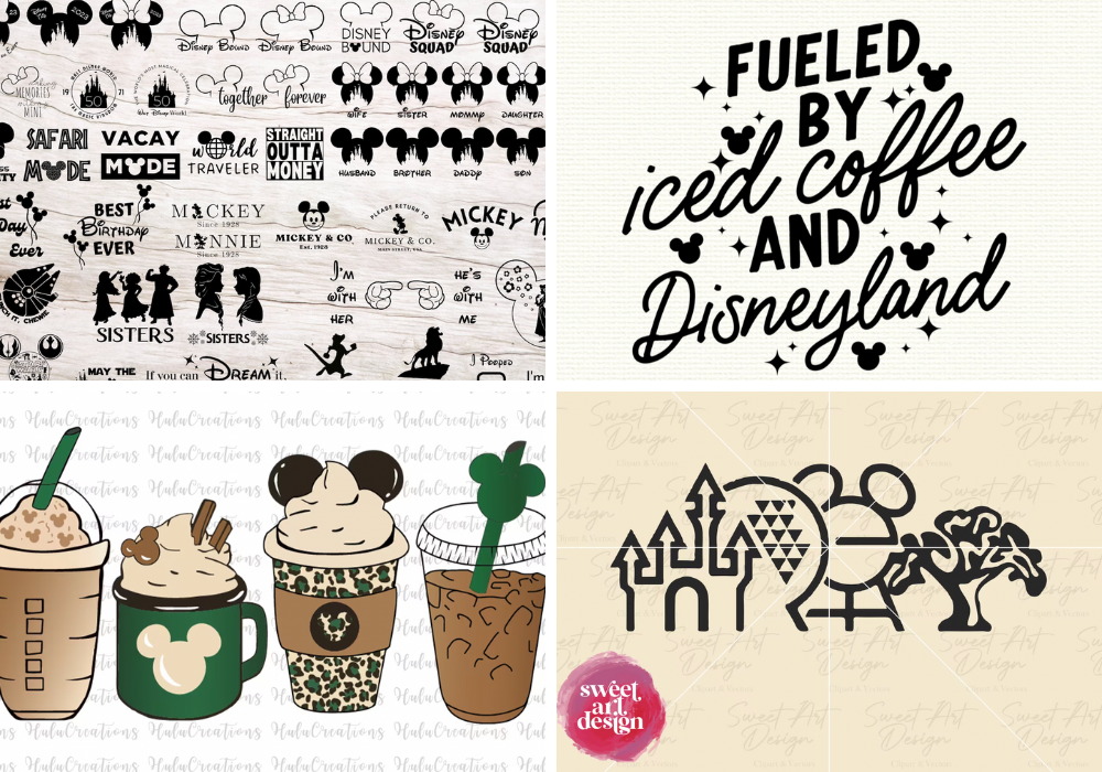 four different Disney SVG designs for making your own mug