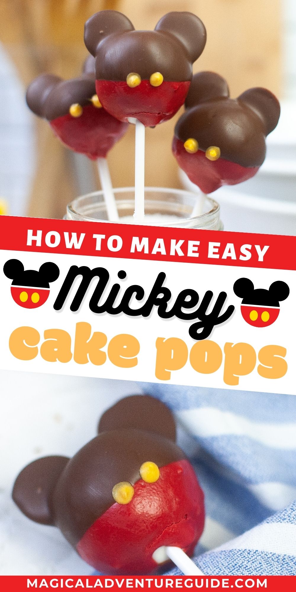 two photos; one shows an up-close view of a Mickey cake pop, while the other shows three Mickey Mouse cake balls displayed in a jar