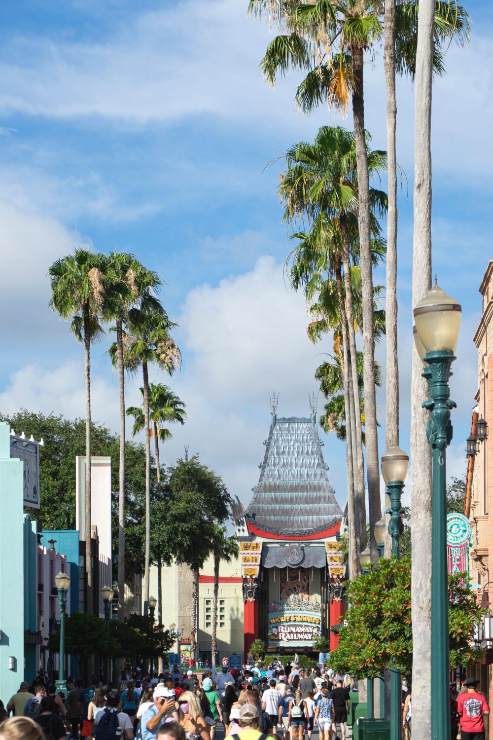 crowds of guests walking toward the Chinese Theater at Disney's Hollywood Studios