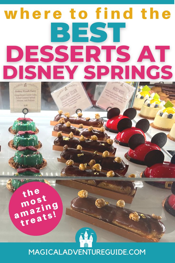 a pastry case featuring various beautiful dessert options at Disney Spring's Amorette's Patisserie