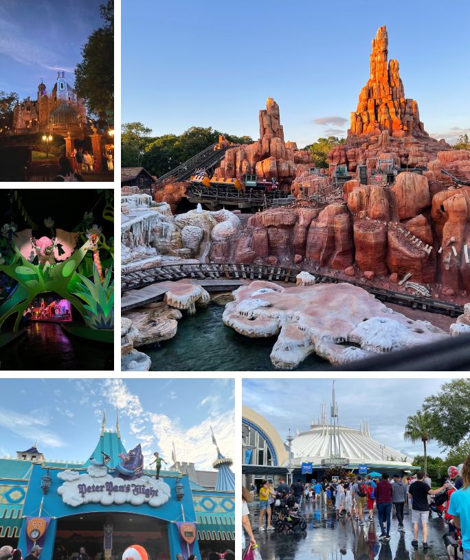 collage image featuring five of the top 10 best magic kingdom rides