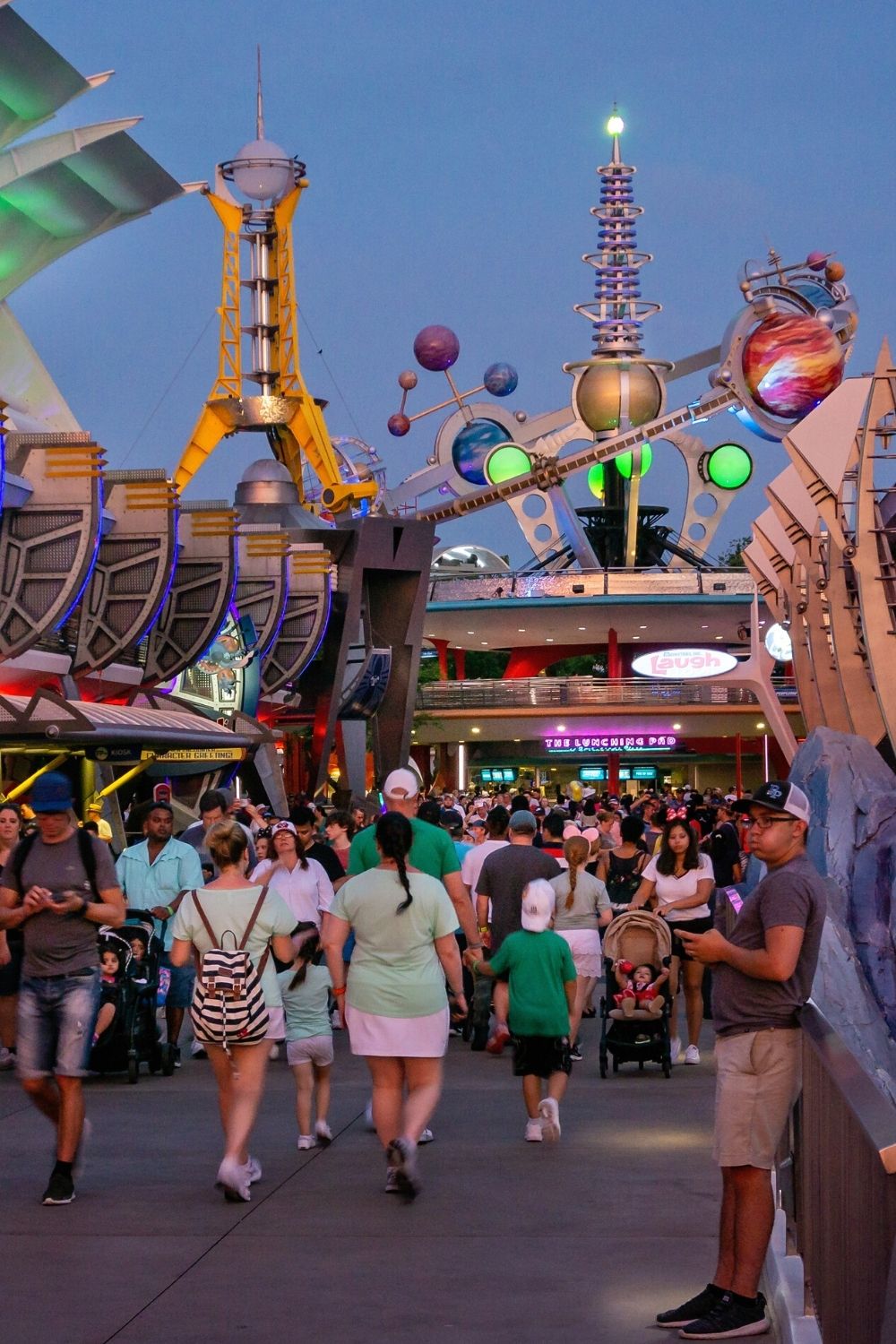 tomorrowland in Magic Kingdom at dusk