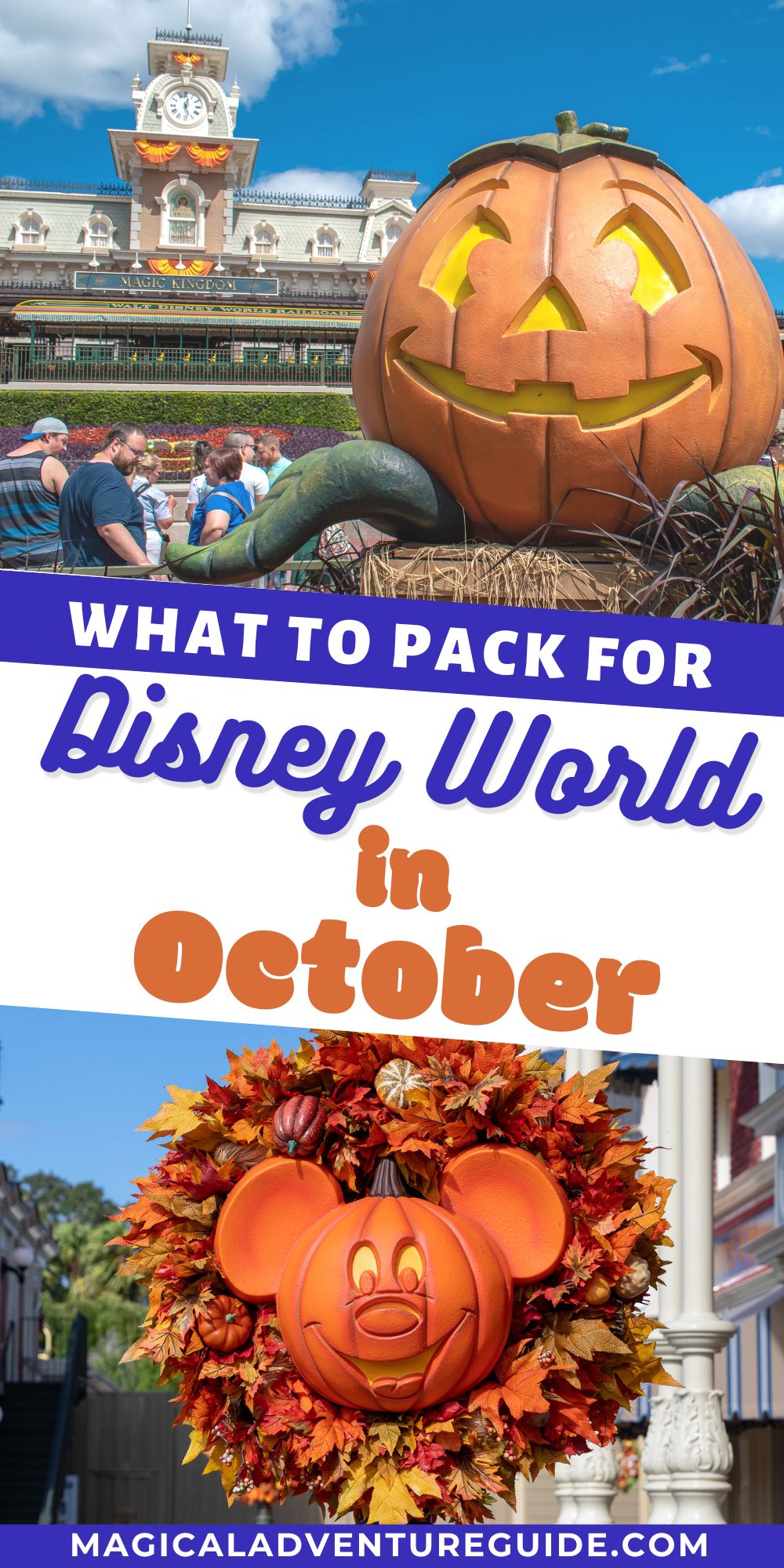two photos; one features a pumpkin decoration near the entrance of Main Street USA in Magic Kingdom, the other features a Mickey Pumpkin decoration on a lamp post in the parks.