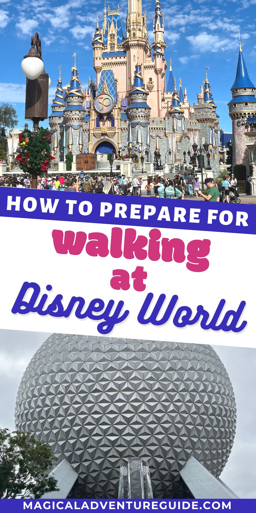 two photos; one shows Magic Kingdom and the other shows Epcot at Disney World