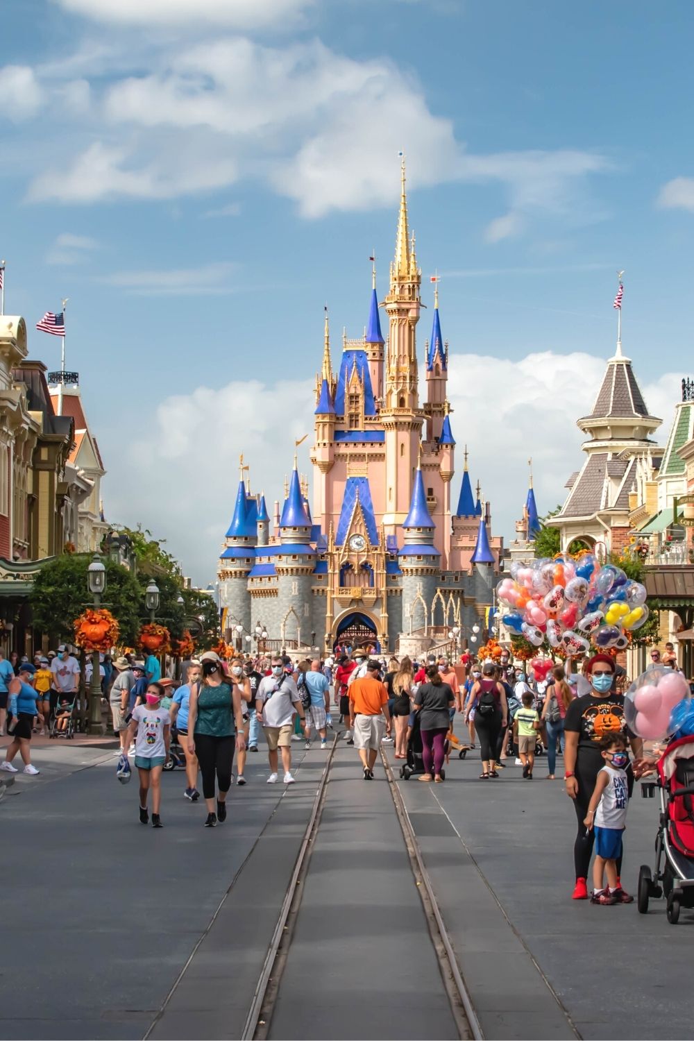 Guests walking in front of Cinderella's Castle at Disney World