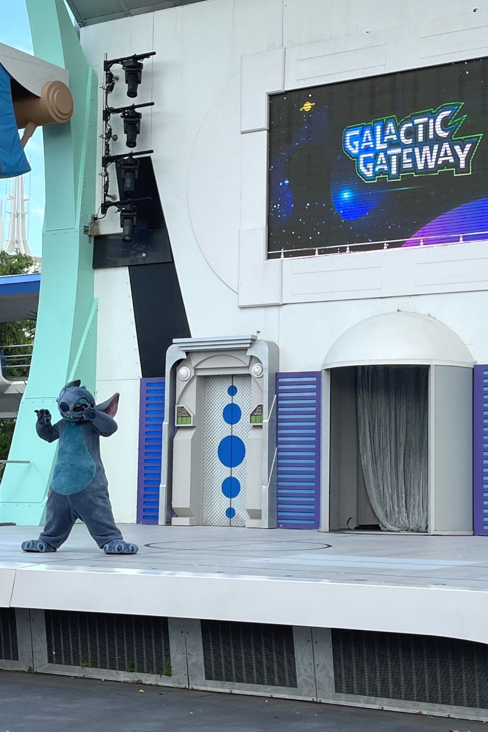 Stitch at Disney World, on the Galactic Gateway stage in Tomorrowland
