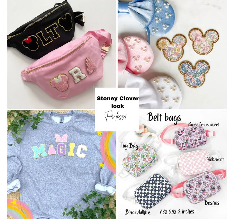 picture of four etsy pictures with belt bags and disney patches